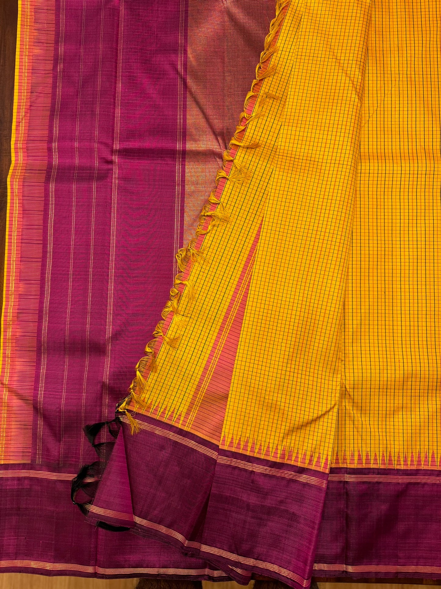 Mustard with deep purple border-Kanjivaram Silk Saree