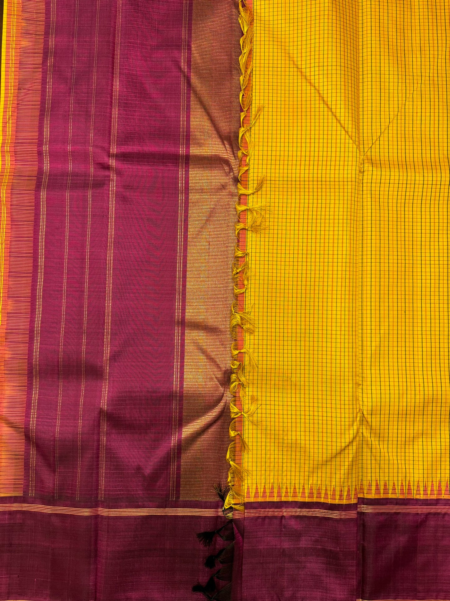 Mustard with deep purple border-Kanjivaram Silk Saree