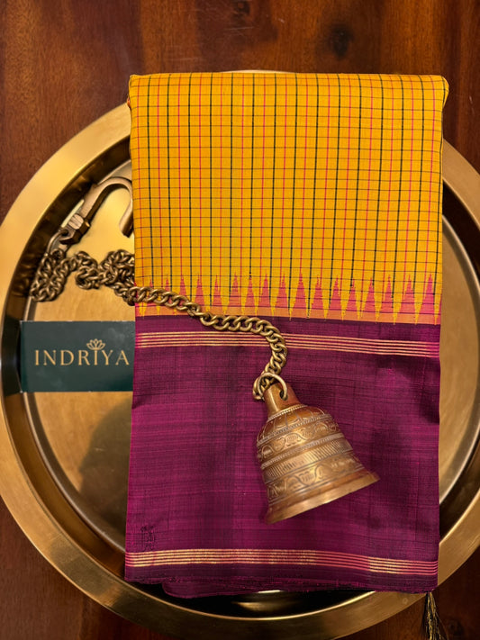 Mustard with deep purple border-Kanjivaram Silk Saree