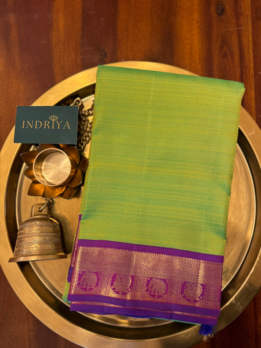 Parrot green and violet korvai-Kanjivaram Silk saree