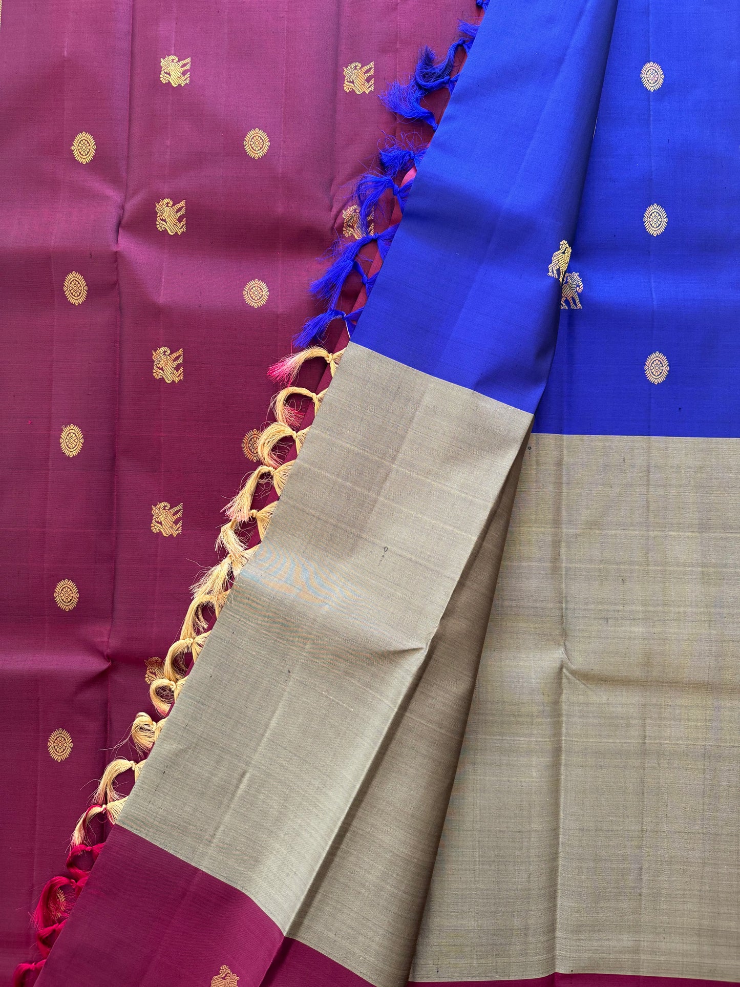 Mubbagam maroon and blue-Kanjivaram Silk Saree