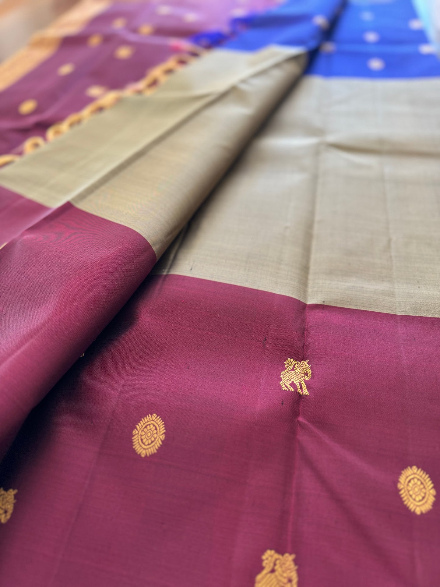 Mubbagam maroon and blue-Kanjivaram Silk Saree