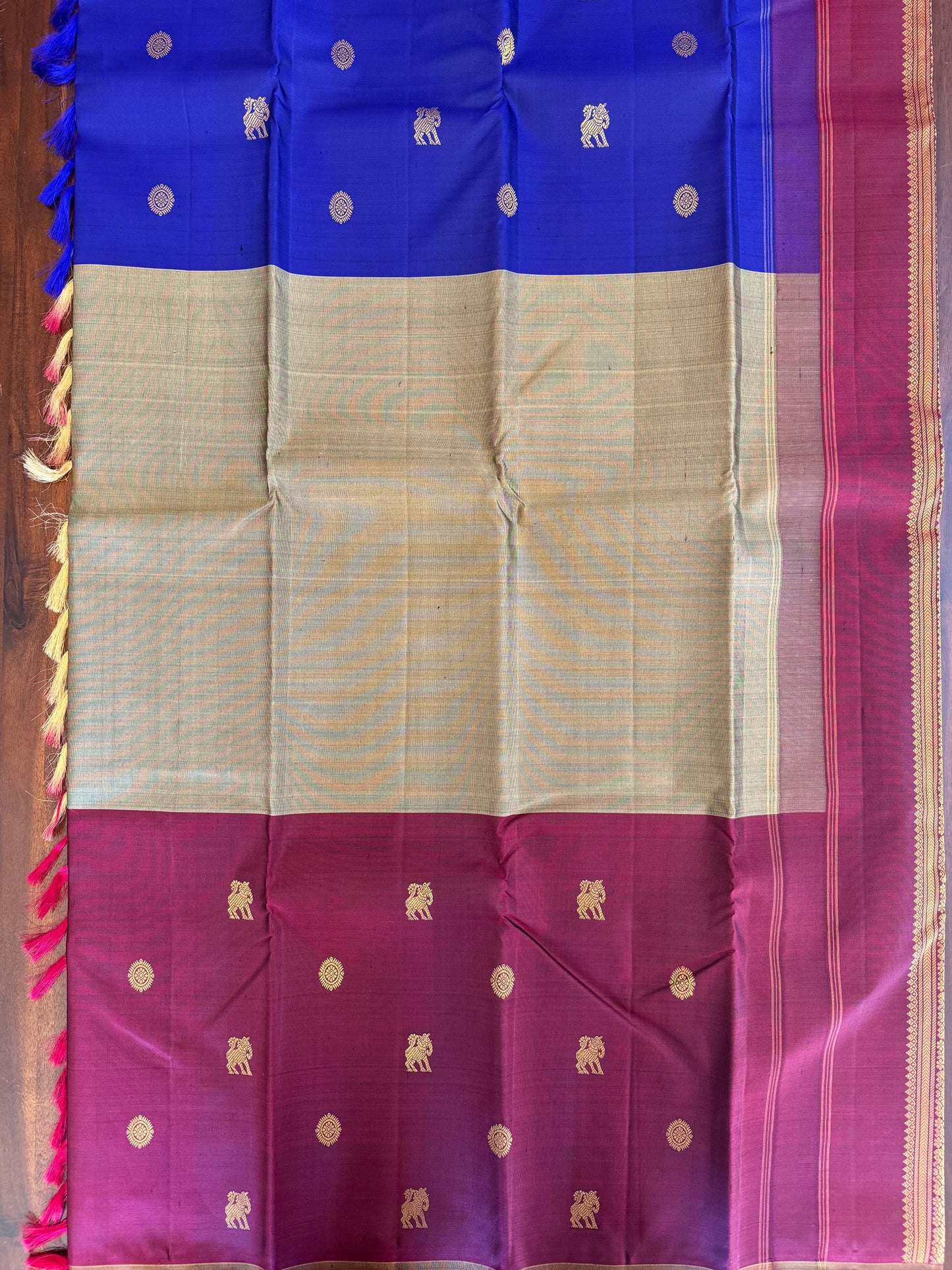 Mubbagam maroon and blue-Kanjivaram Silk Saree