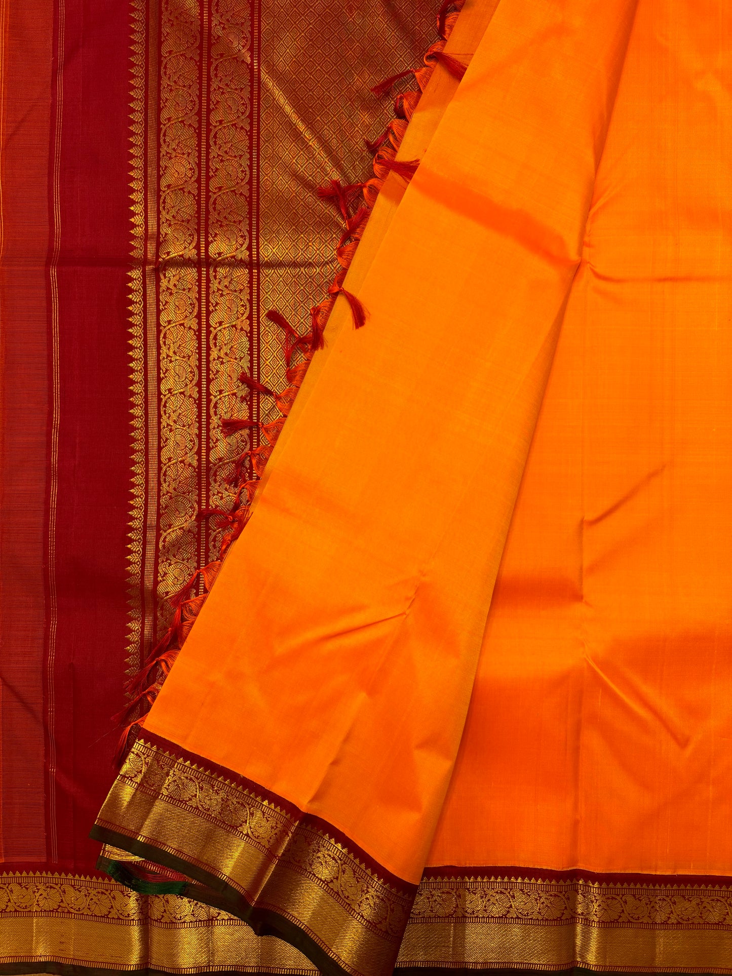 Mango Yellow with  dark Red border - Traditional Kanjivaram Silk Saree