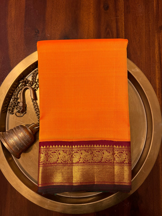 Mango Yellow with  dark Red border - Traditional Kanjivaram Silk Saree