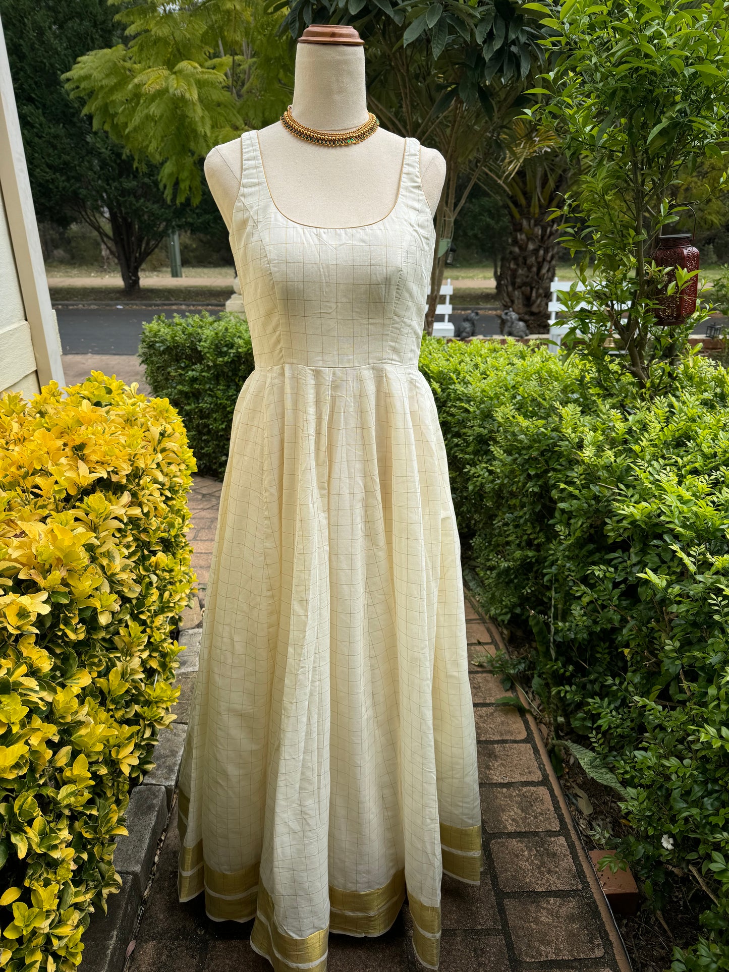 White and Gold Handloom Gown-Sleeveless