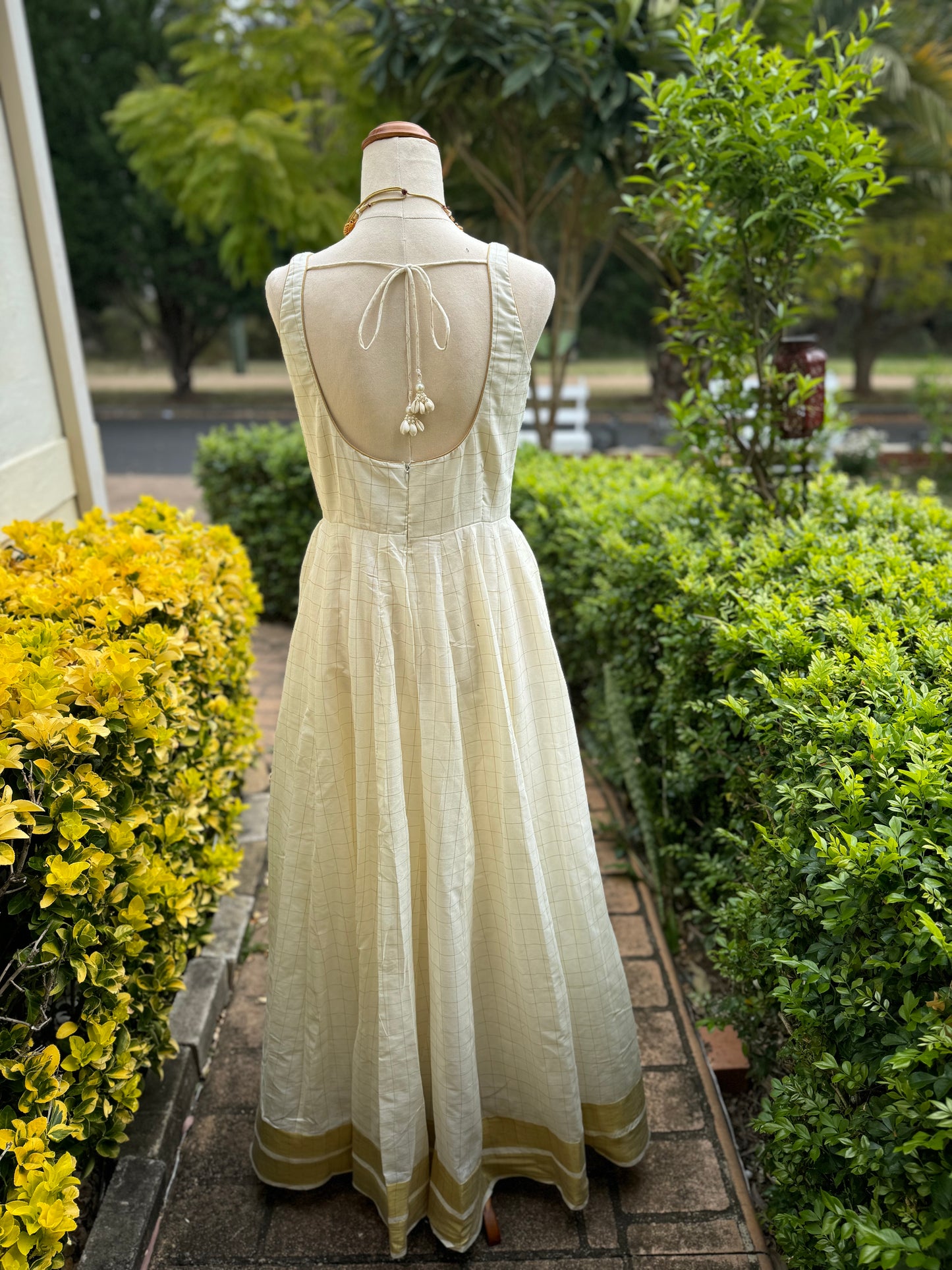 White and Gold Handloom Gown-Sleeveless