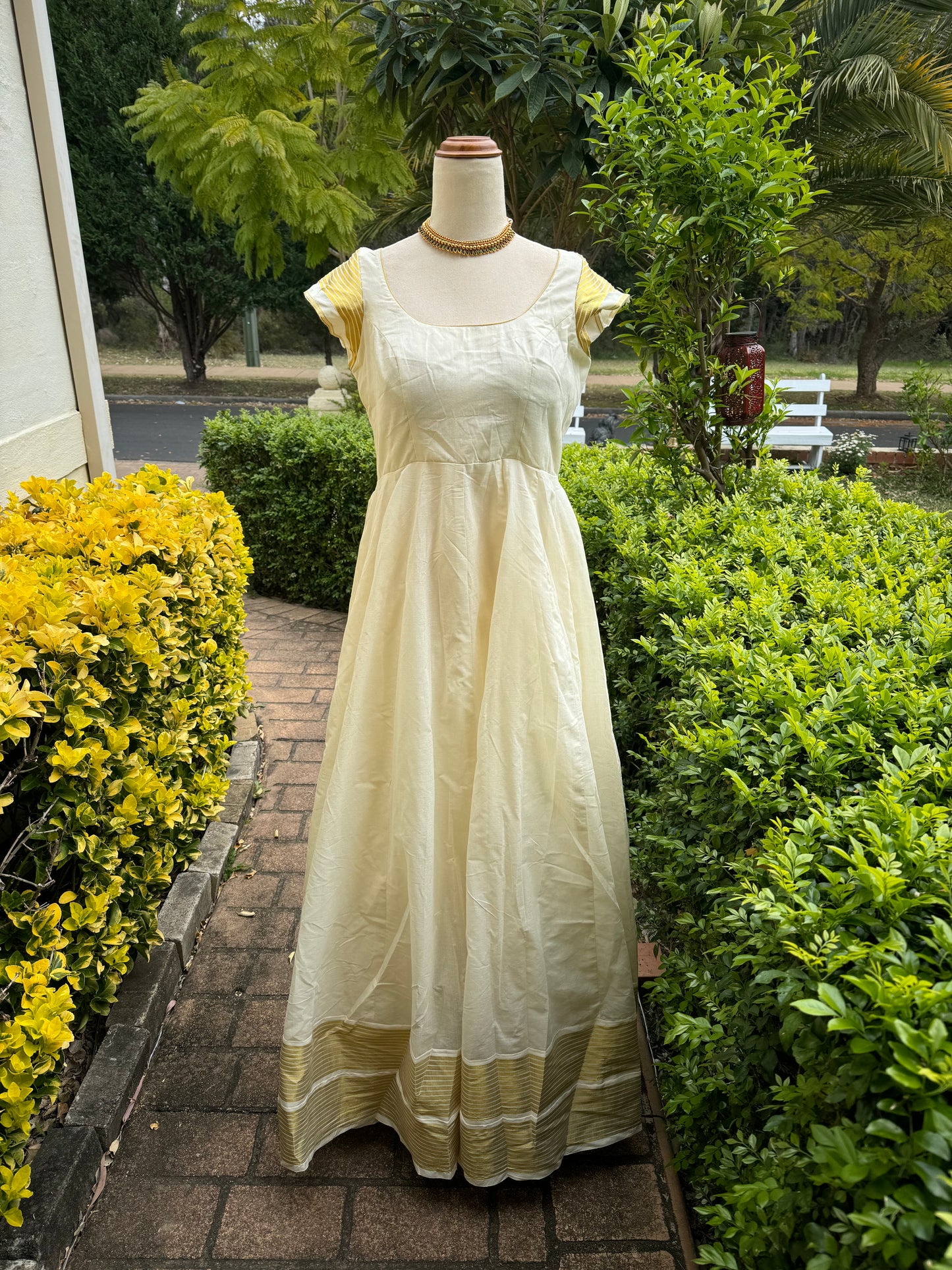 White and Gold Handloom Gown-Short Sleeves