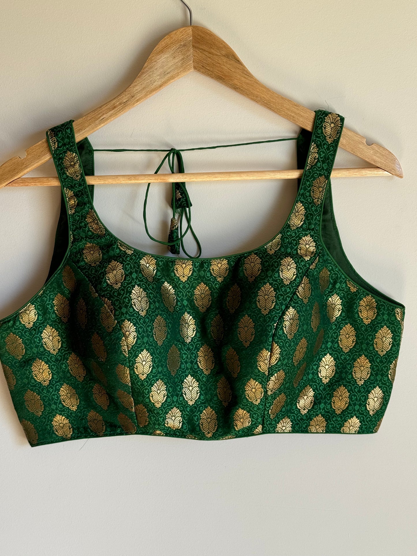 Green Brocade Silk- Sleeveless Blouse