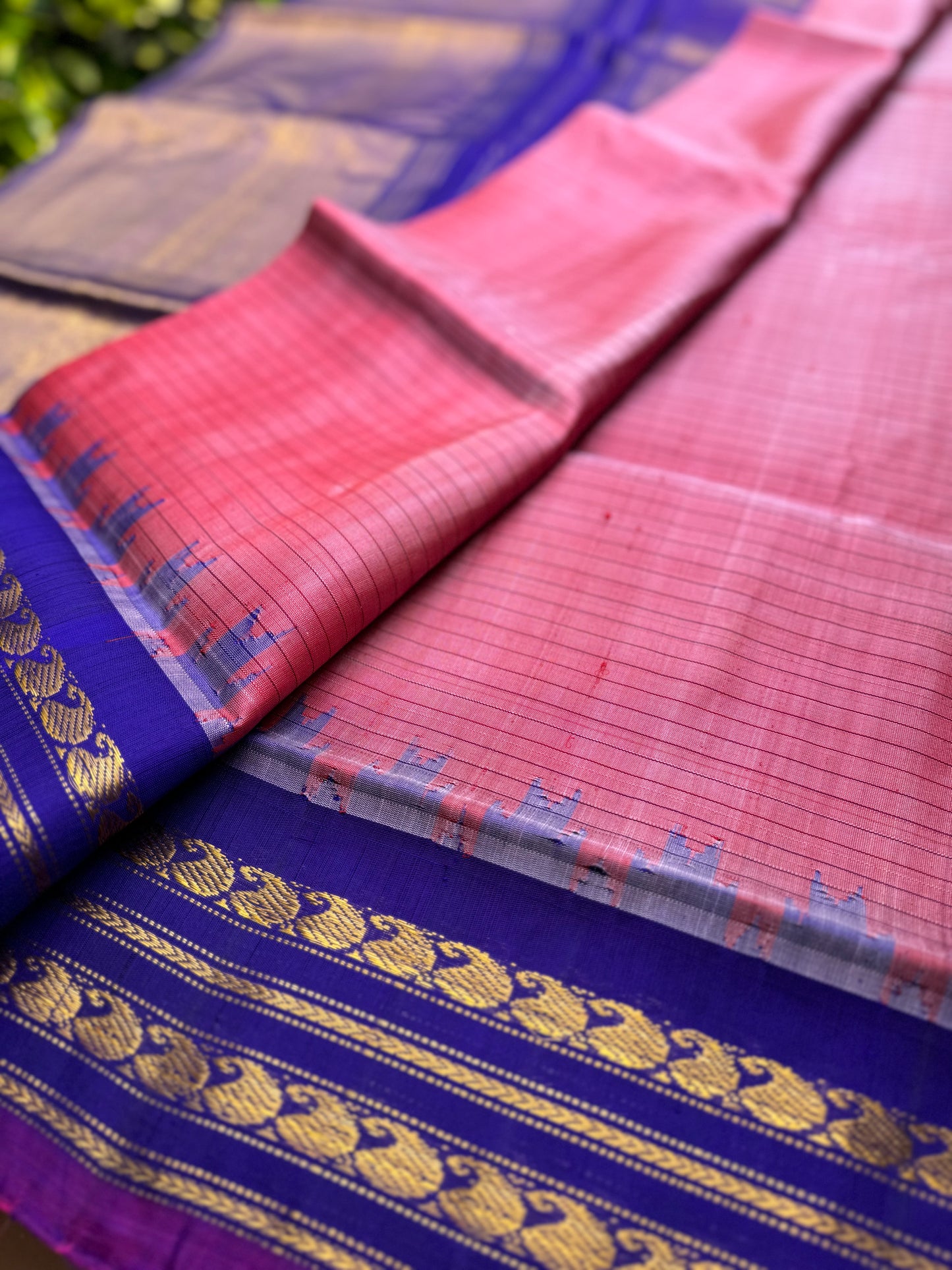 Peach and Violet Gadwal Silk Saree