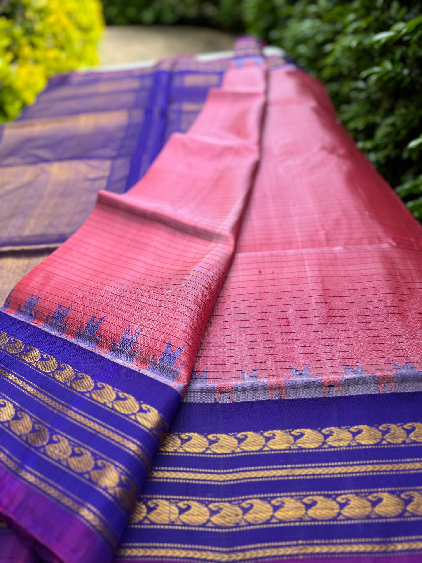 Peach and Violet Gadwal Silk Saree