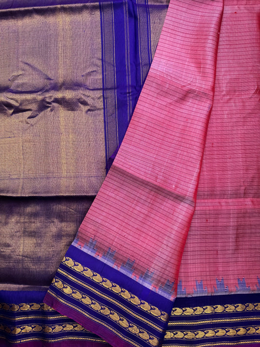 Peach and Violet Gadwal Silk Saree