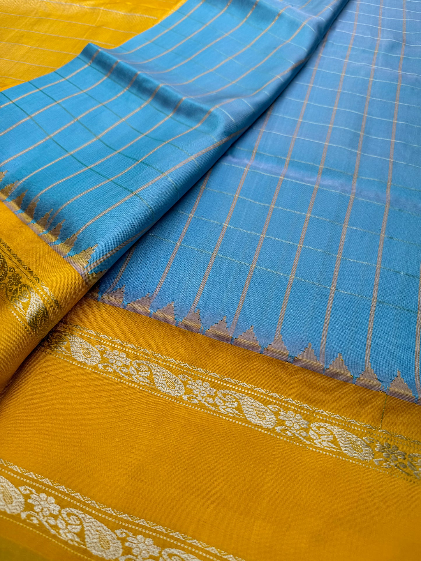 Blue and Yellow Gadwal Silk Saree