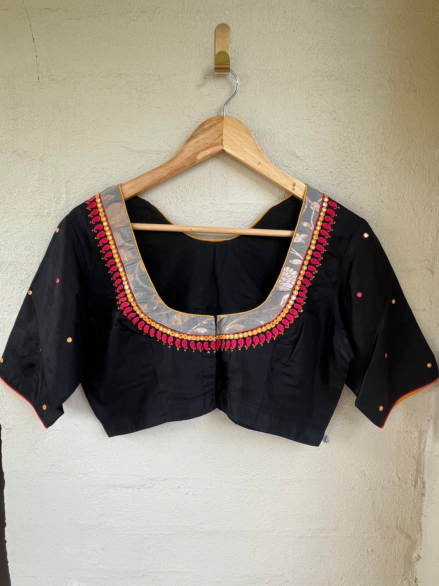 Black silk blouse with silver and pink thread work