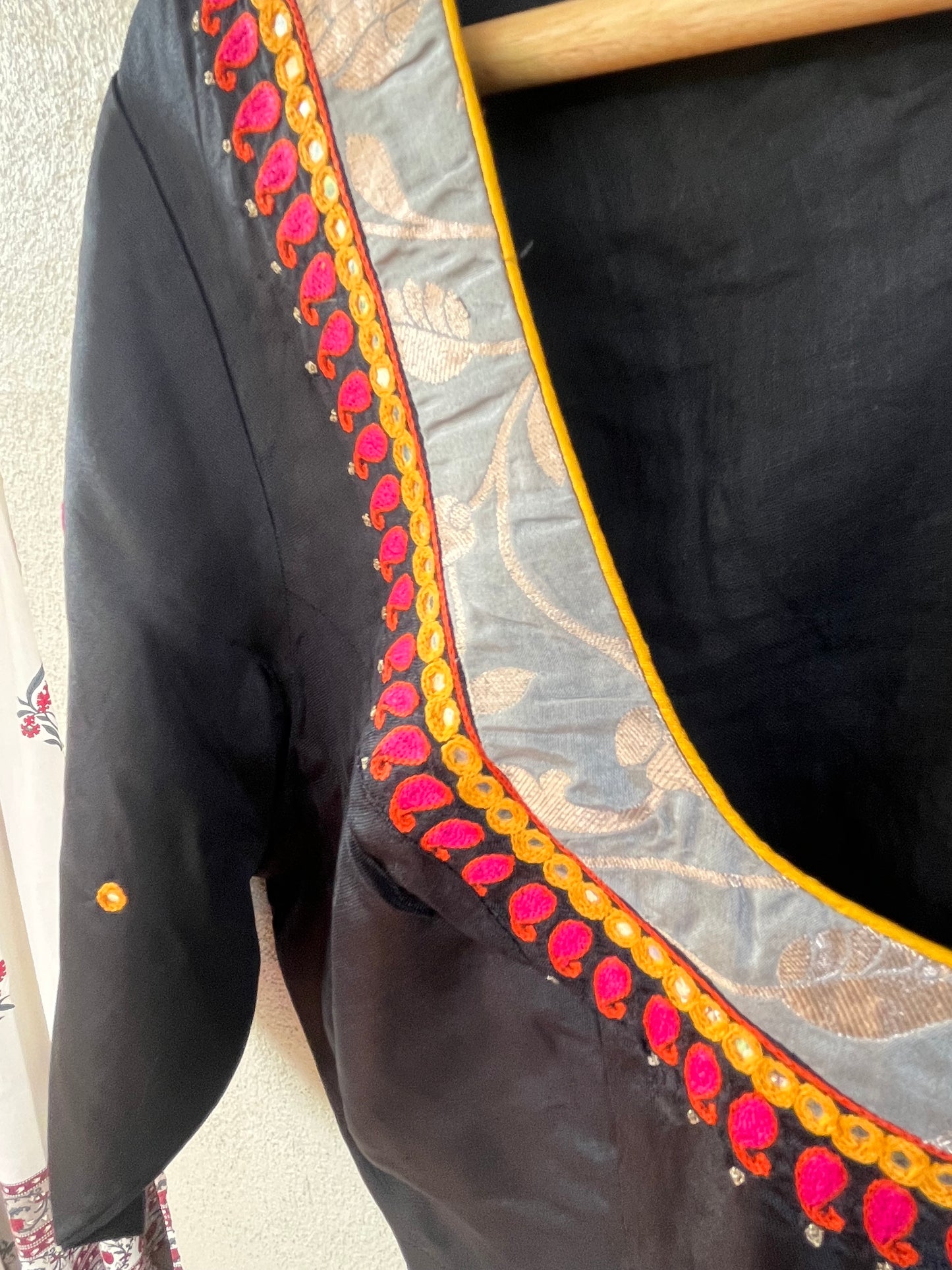 Black silk blouse with silver and pink thread work