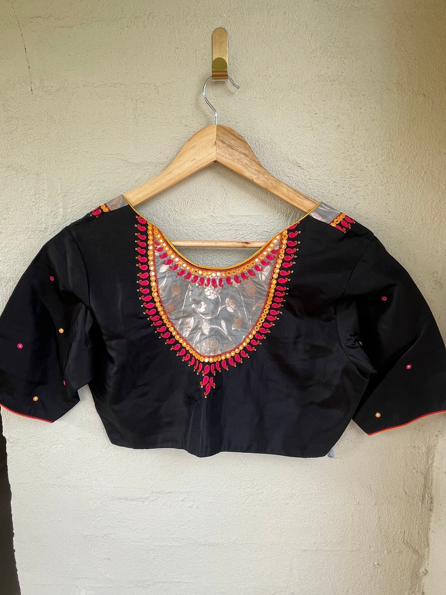 Black silk blouse with silver and pink thread work