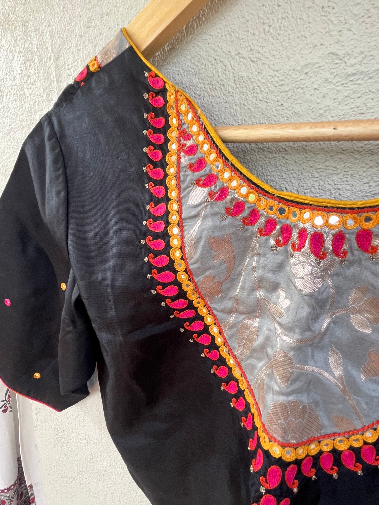 Black silk blouse with silver and pink thread work