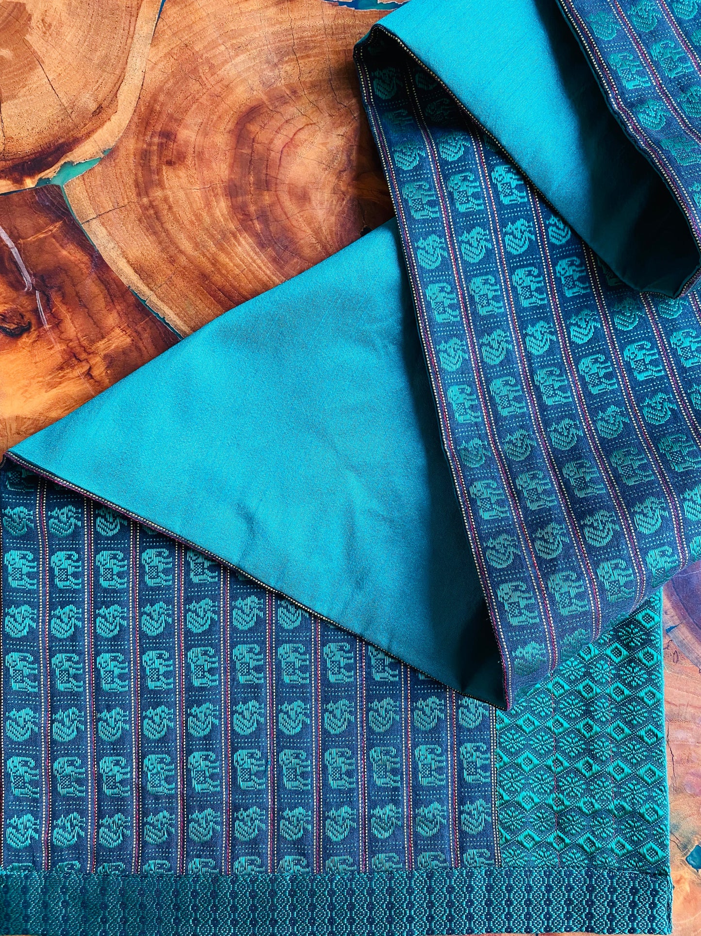 Green Elephant and Peacock- Reversible Silk Table Runner