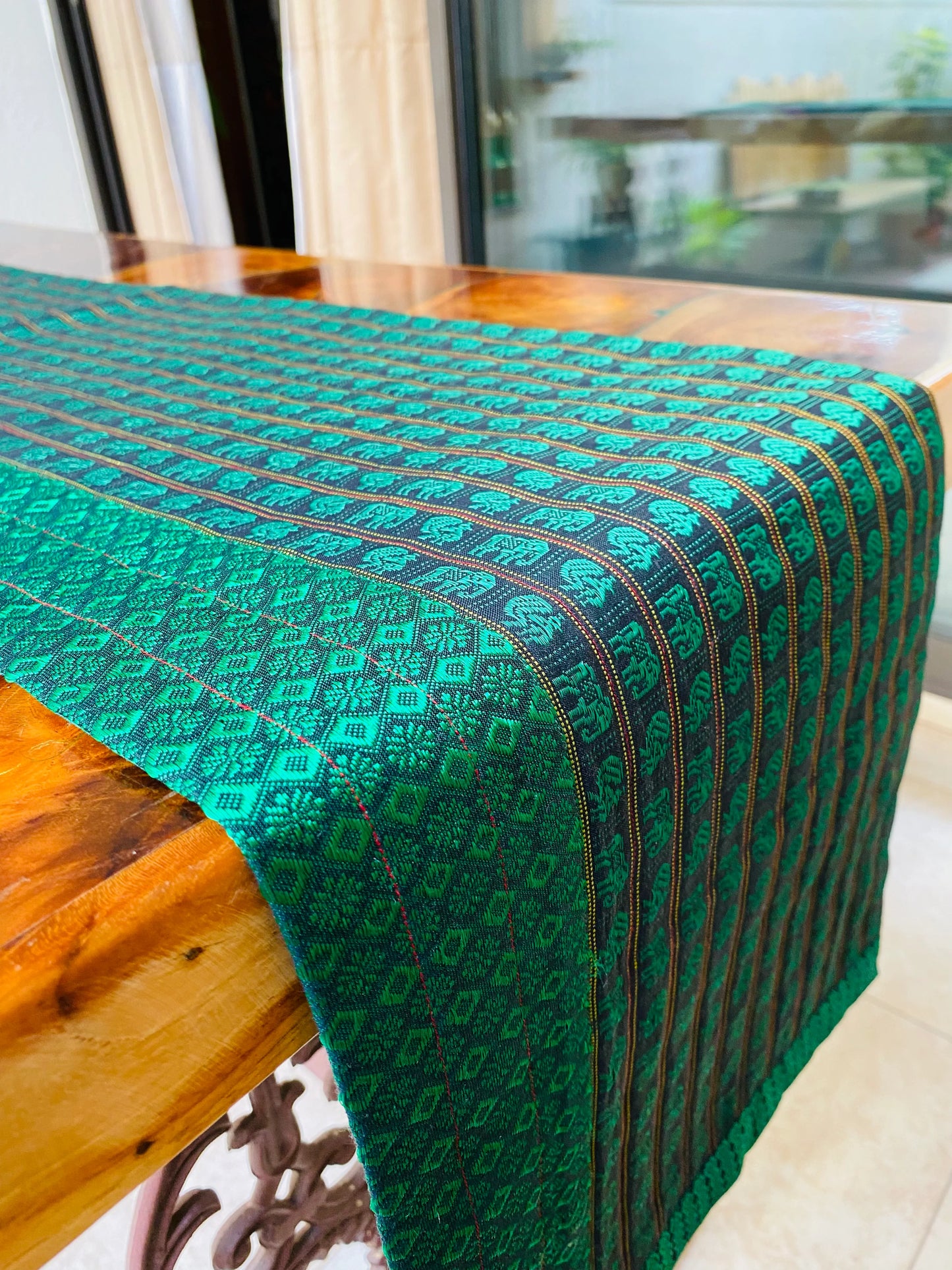 Green Elephant and Peacock- Reversible Silk Table Runner