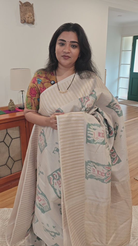 Ikkat on Kanjivaram in cream