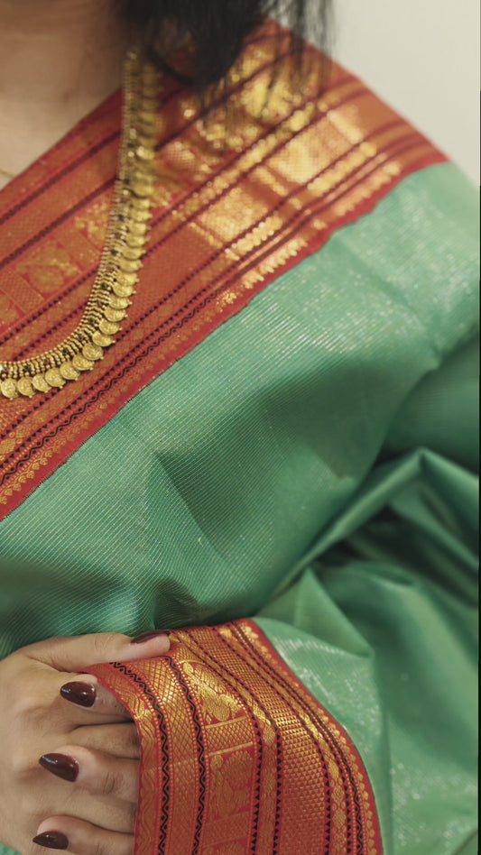 Sea Green and Red Vairaoosi -Handwoven Kanjivaram Sari