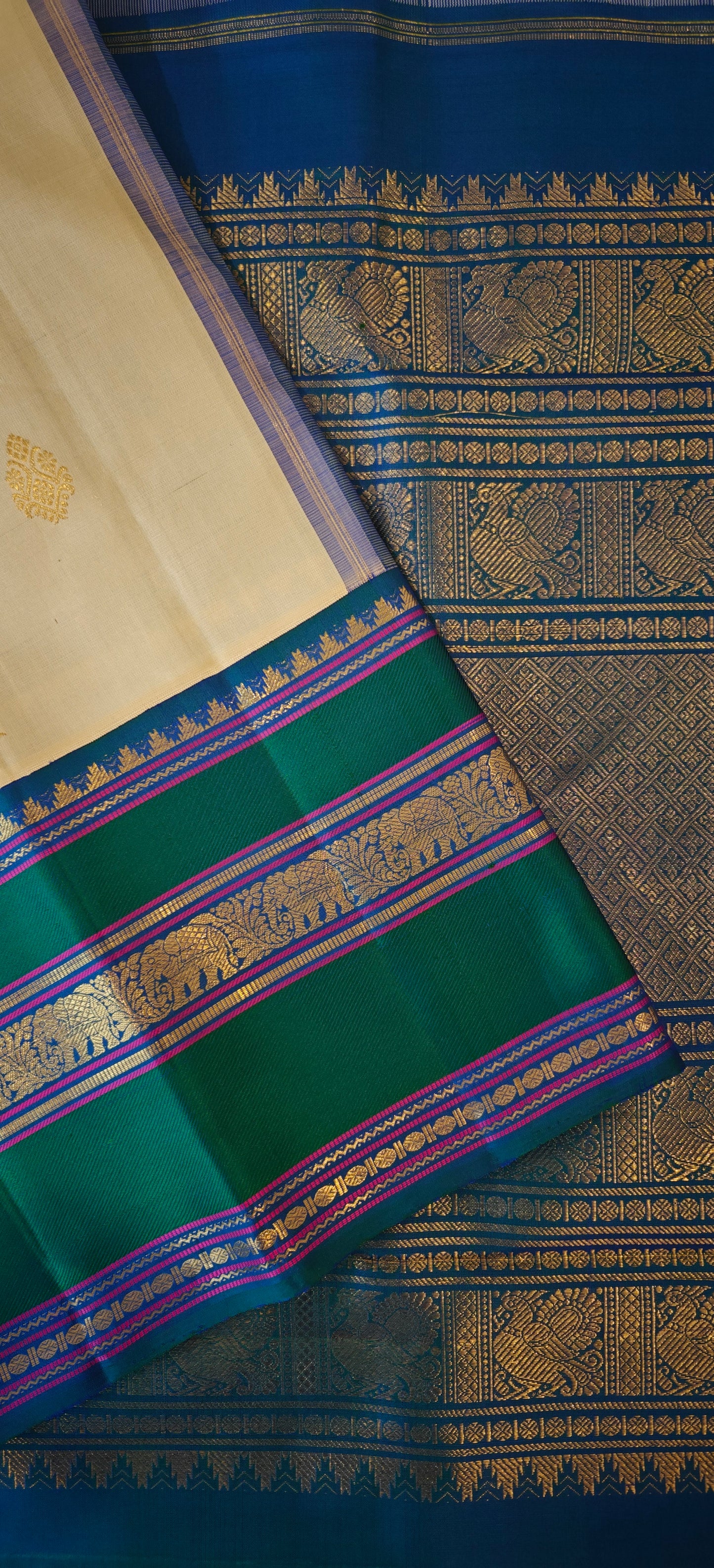 Cream and Peacock blue kanjivaram silk saree