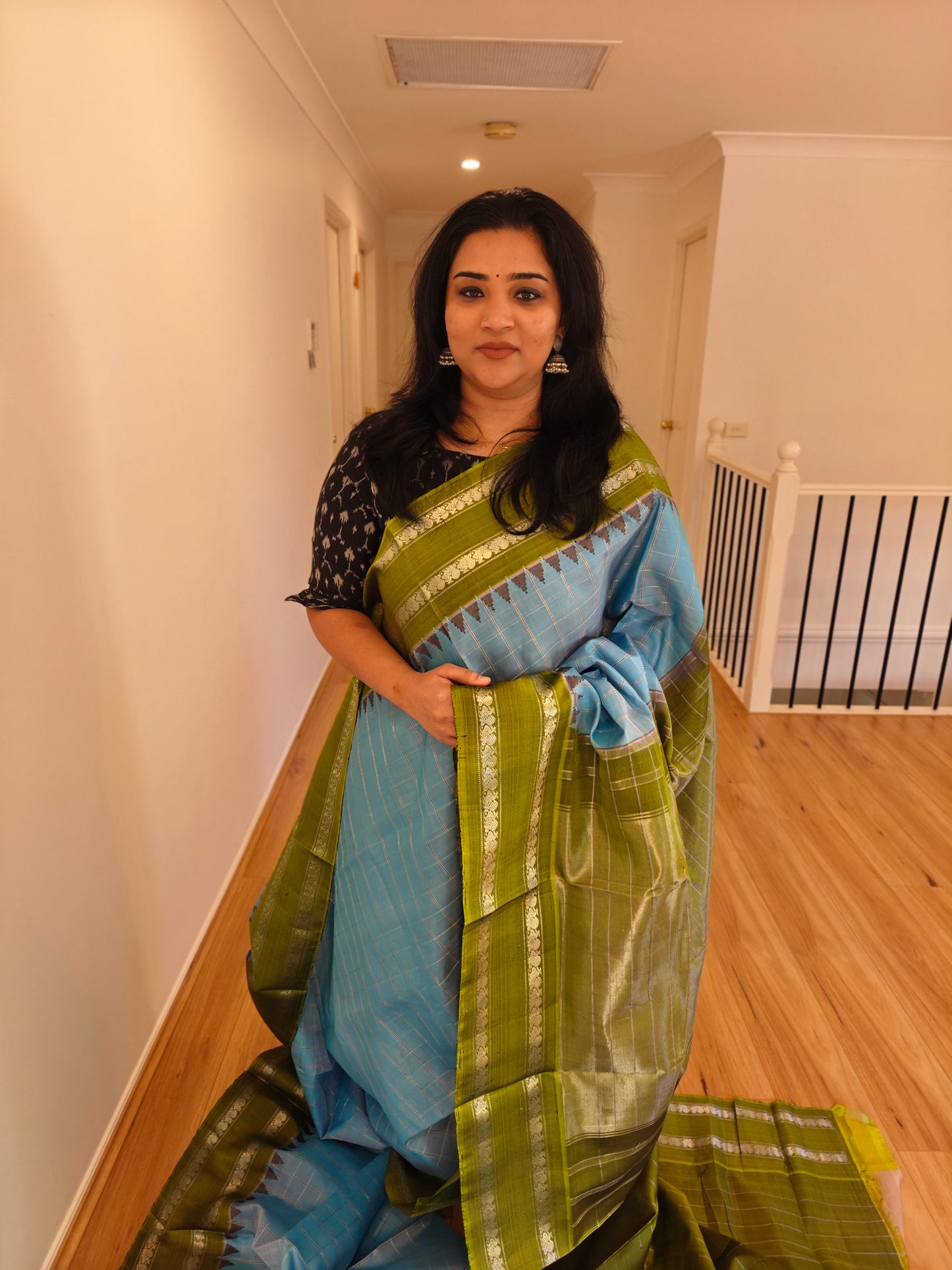 Sky Blue and Leaf Green Gadwal Silk Saree