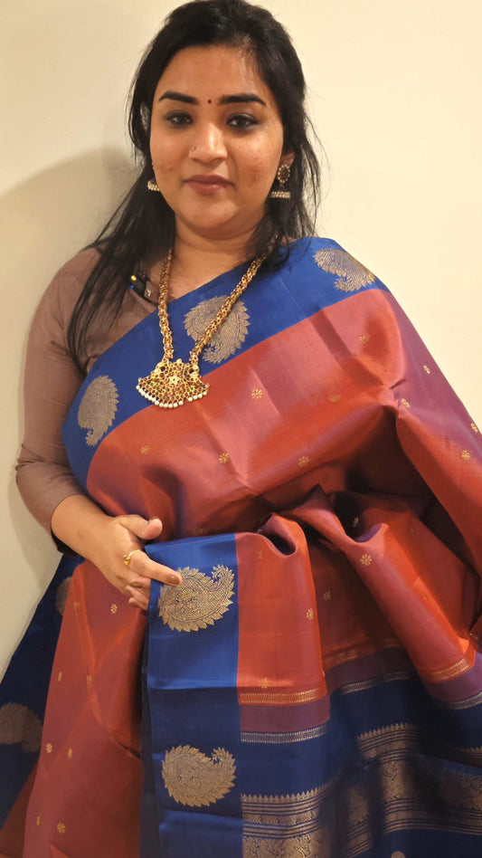 Rust and Sapphire Blue Kanjivaram Silk Sari