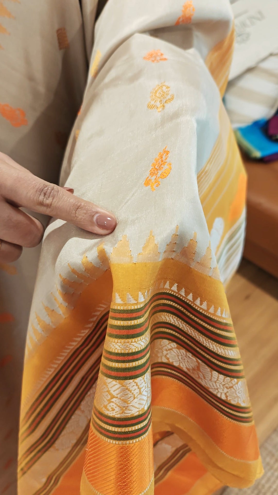 Beige with yellow and orange thread work Handwoven Gadwal Silk Sari