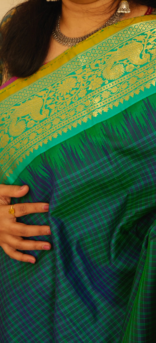 Peacock Blue and Turquoise Blue Gadwal Silk Sari