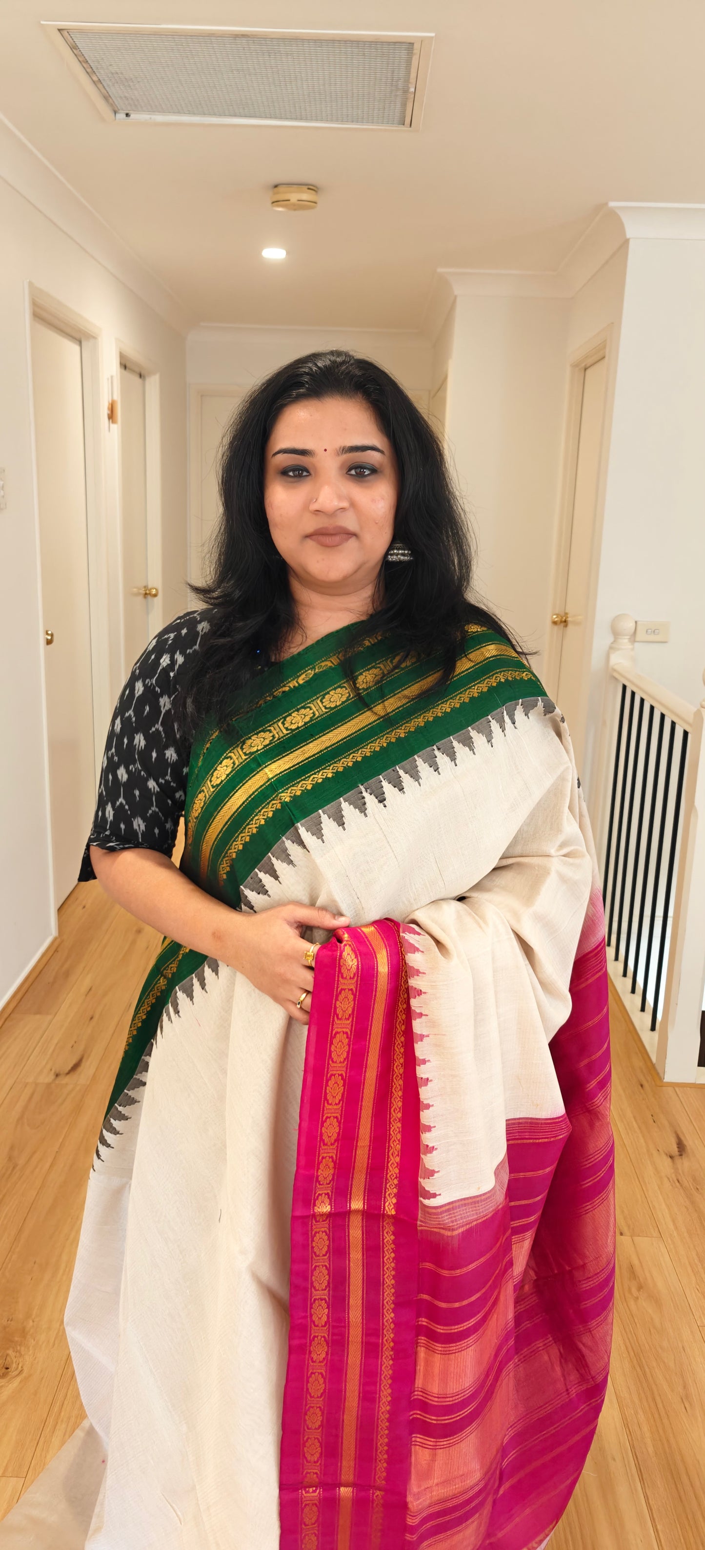 Cream with Green and Pink Silk Cotton Gadwal saree
