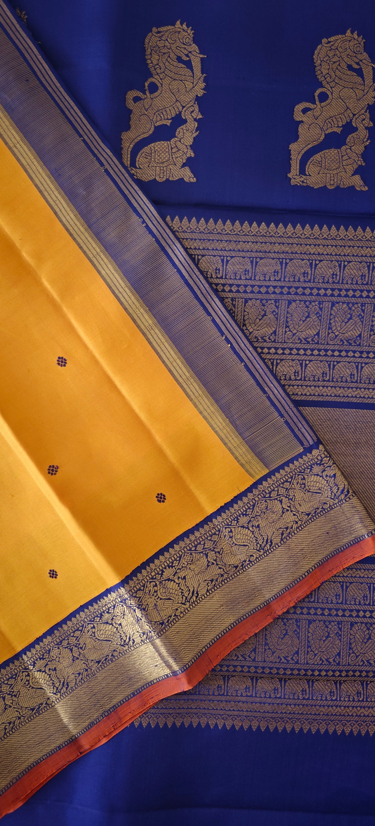 Mustard Yellow and Blue Kanjivaram silk saree