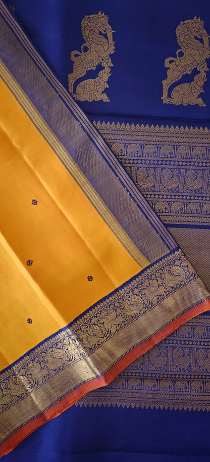 Mustard Yellow and Blue Kanjivaram silk saree
