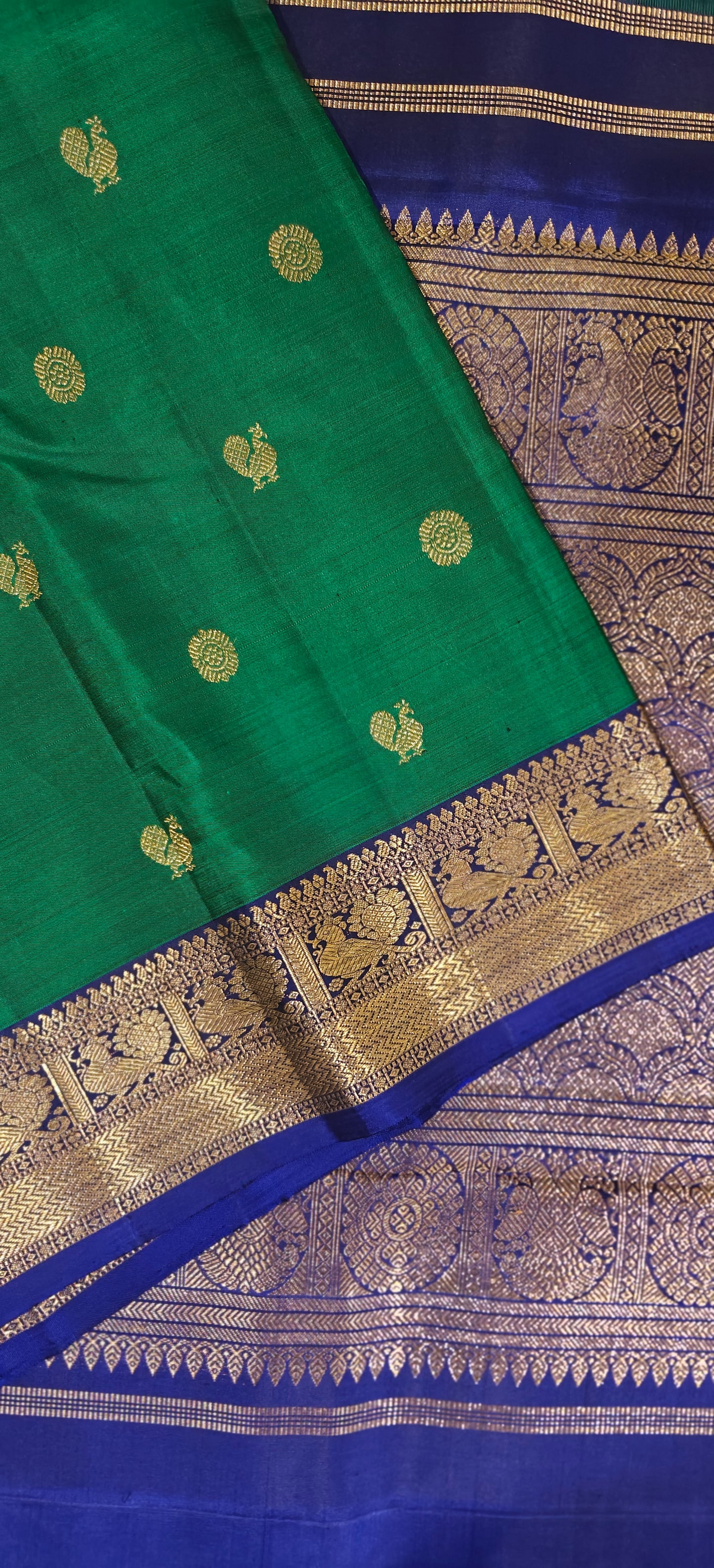 Dark Green And Blue Kanjivaram Saree | 3-gram Zari