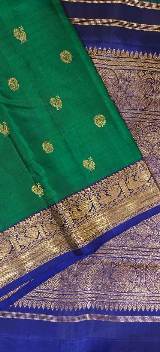 Dark Green And Blue Kanjivaram Saree | 3-gram Zari