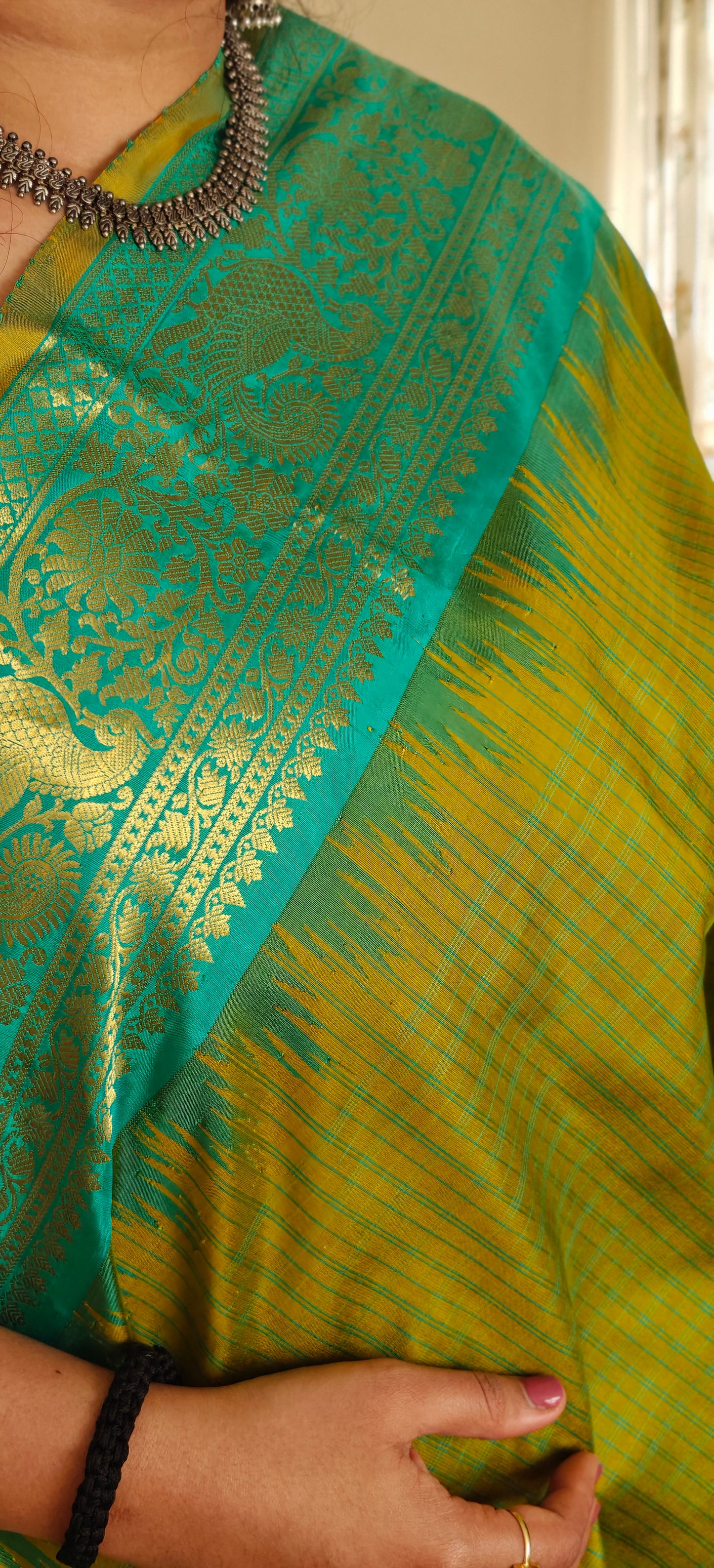 Parrot Green and Turquoise Blue Gadwal Silk Sari