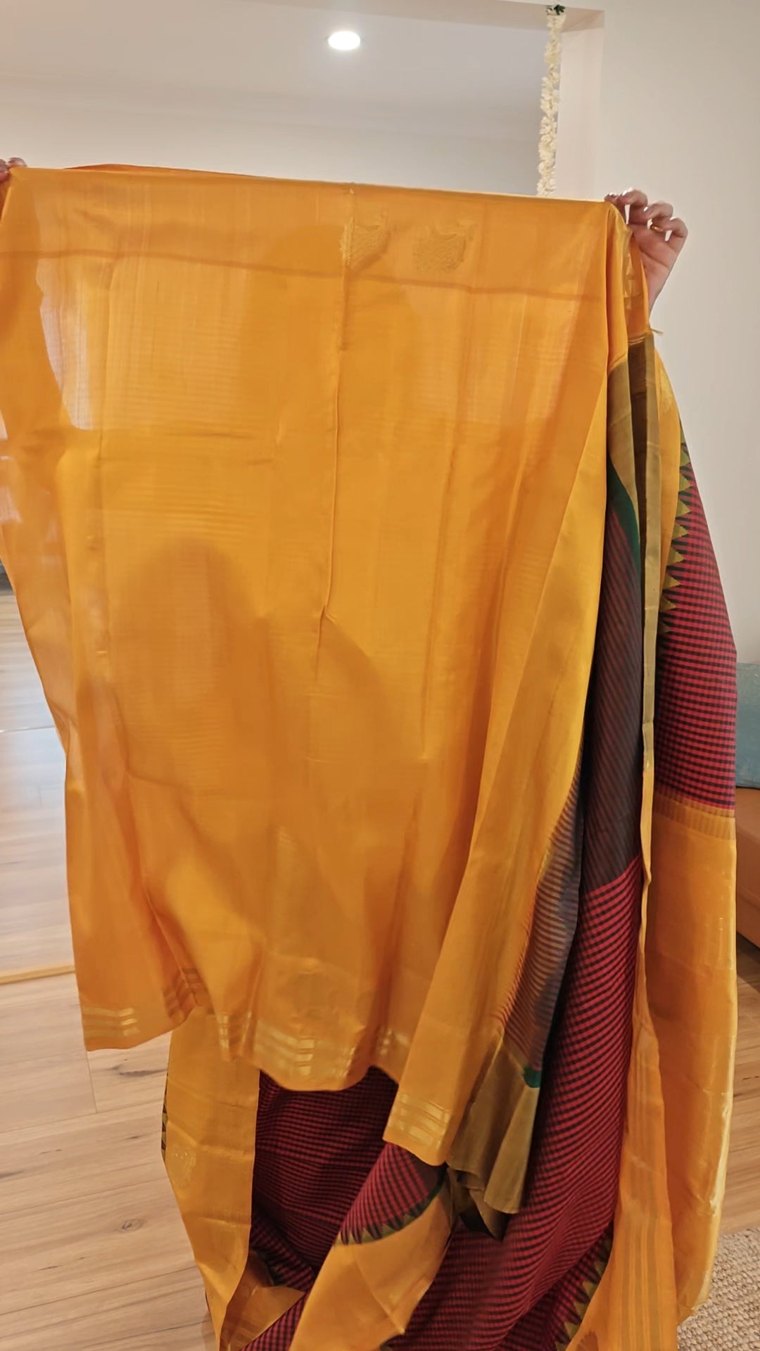 Red and Green with yellow Handwoven Gadwal Silk Sari