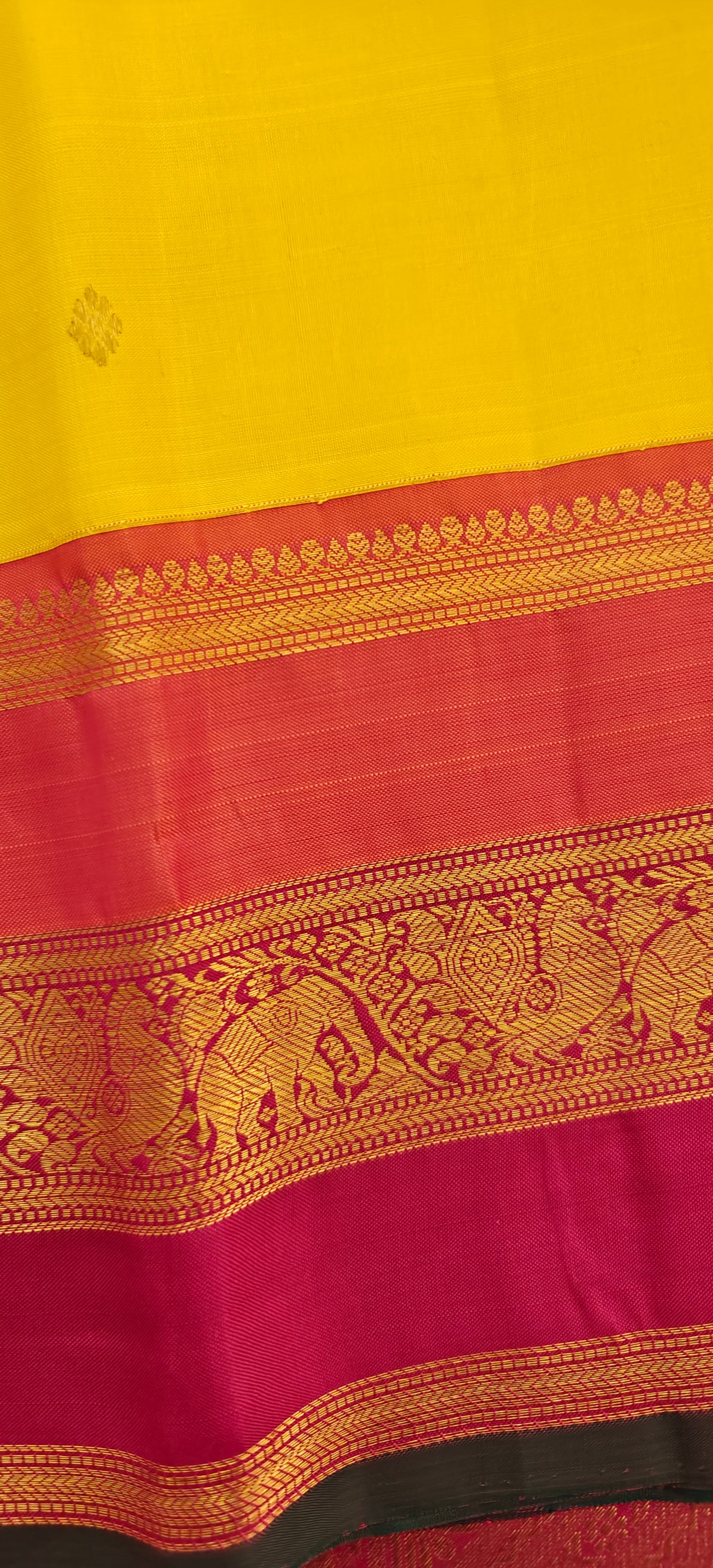 Yellow with orange and pink korvai -Kanjivaram Silk Saree