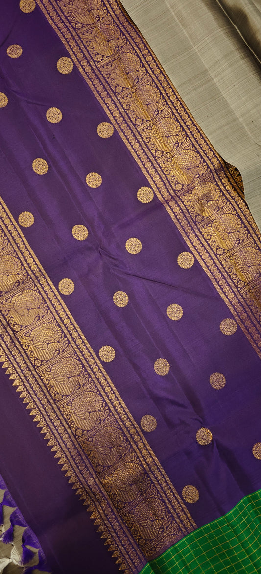 Grey body with green and violet Ganga Jamuna -Kanjivaram Silk Saree