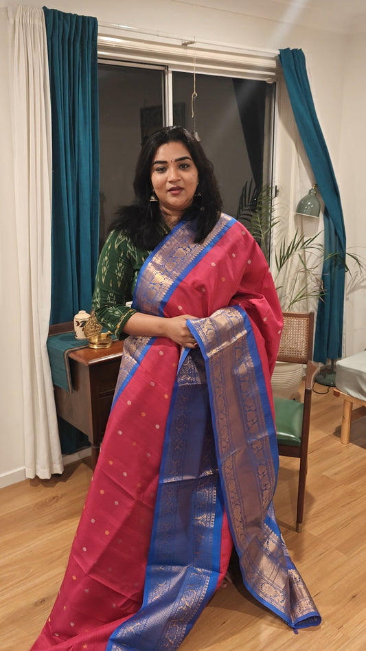 Tomato Reddish pink and Blue Gadwal Silk Sari