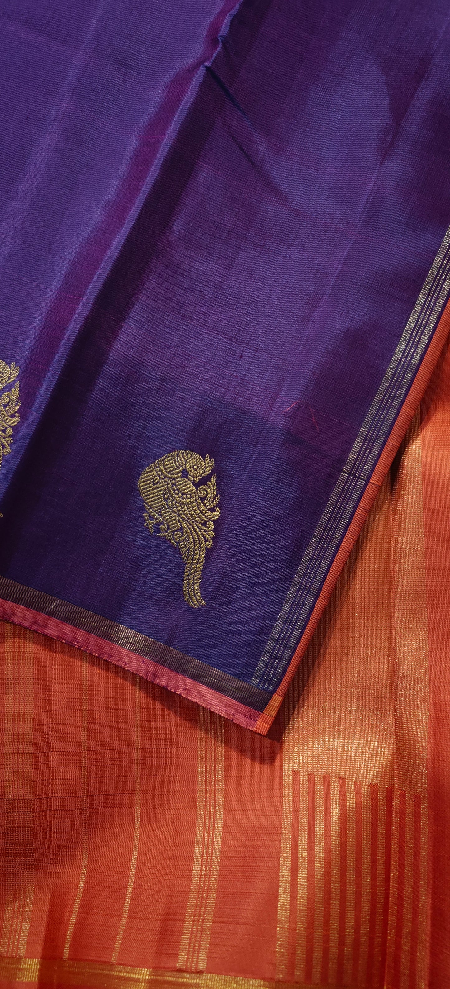 Purple and Peachy pink borderless kanjivaram silk saree