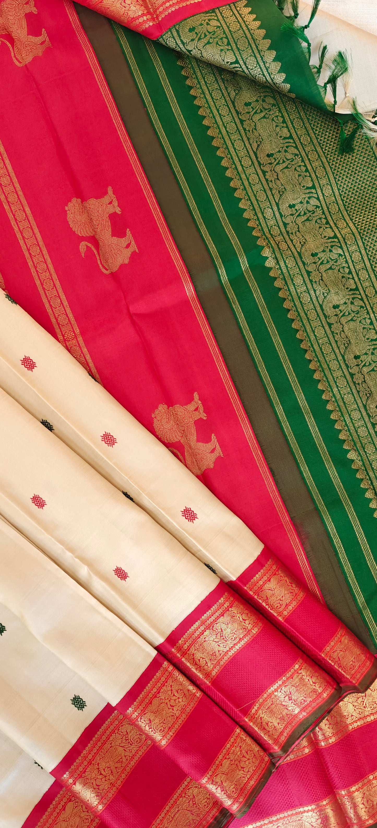 Cream with green and red kanjivaram silk saree