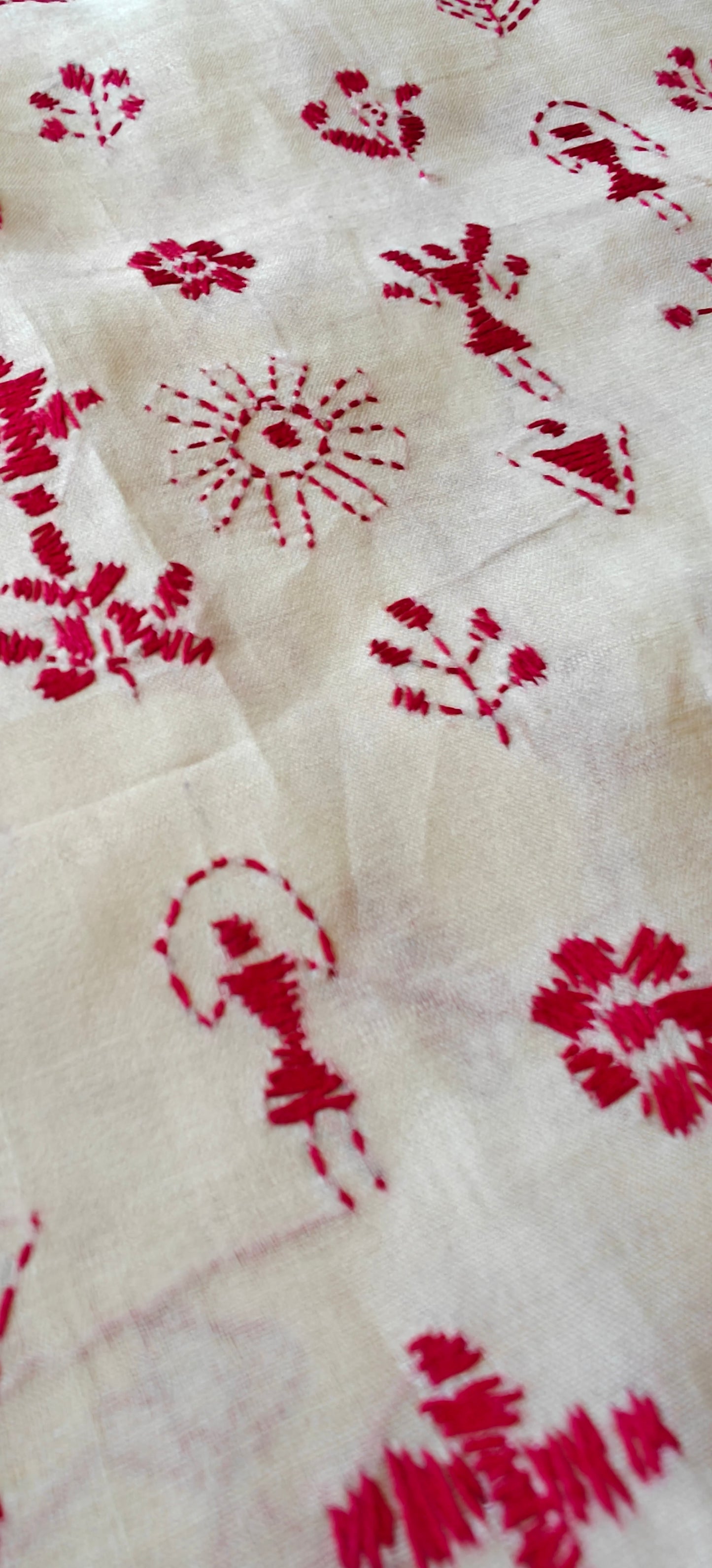 Cream and Red Kantha Silk Sari