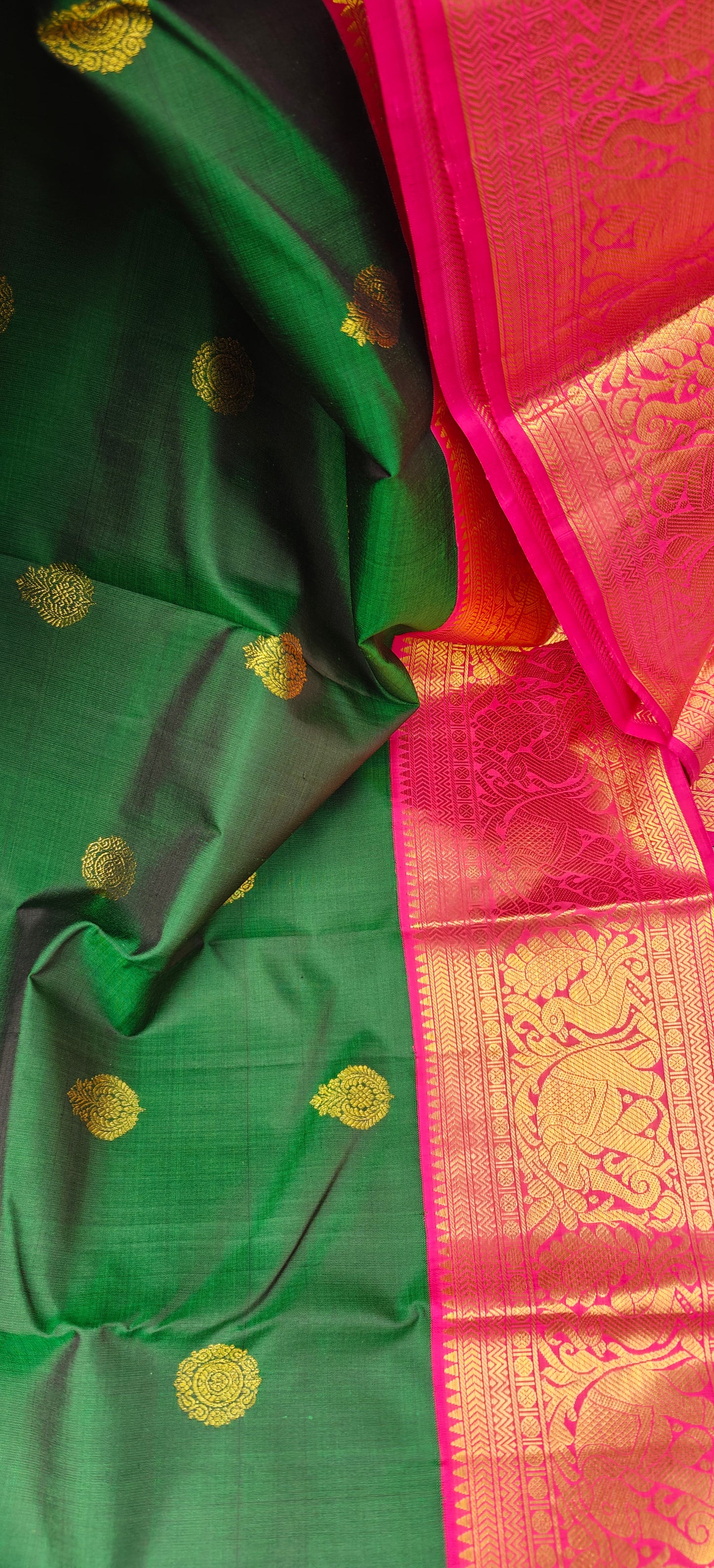 Emerald Green and Rose Pink korvai -Kanjivaram Silk Saree