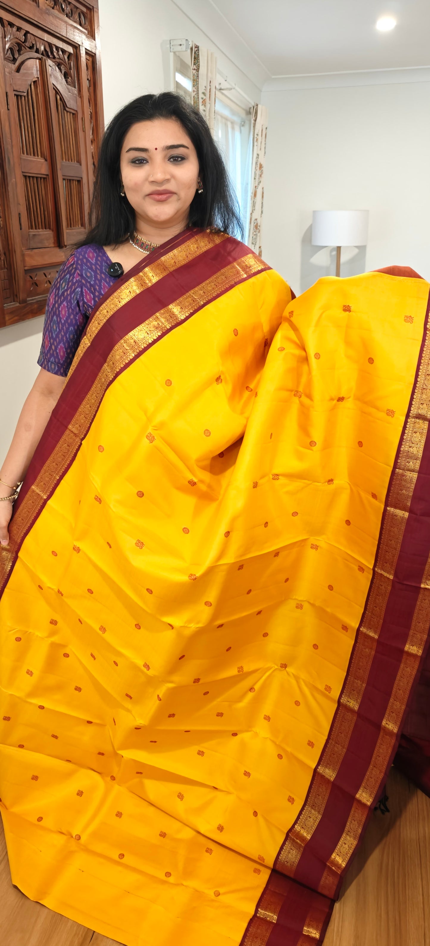 Mustard and Deep Maroon -Kanjivaram Silk Sari