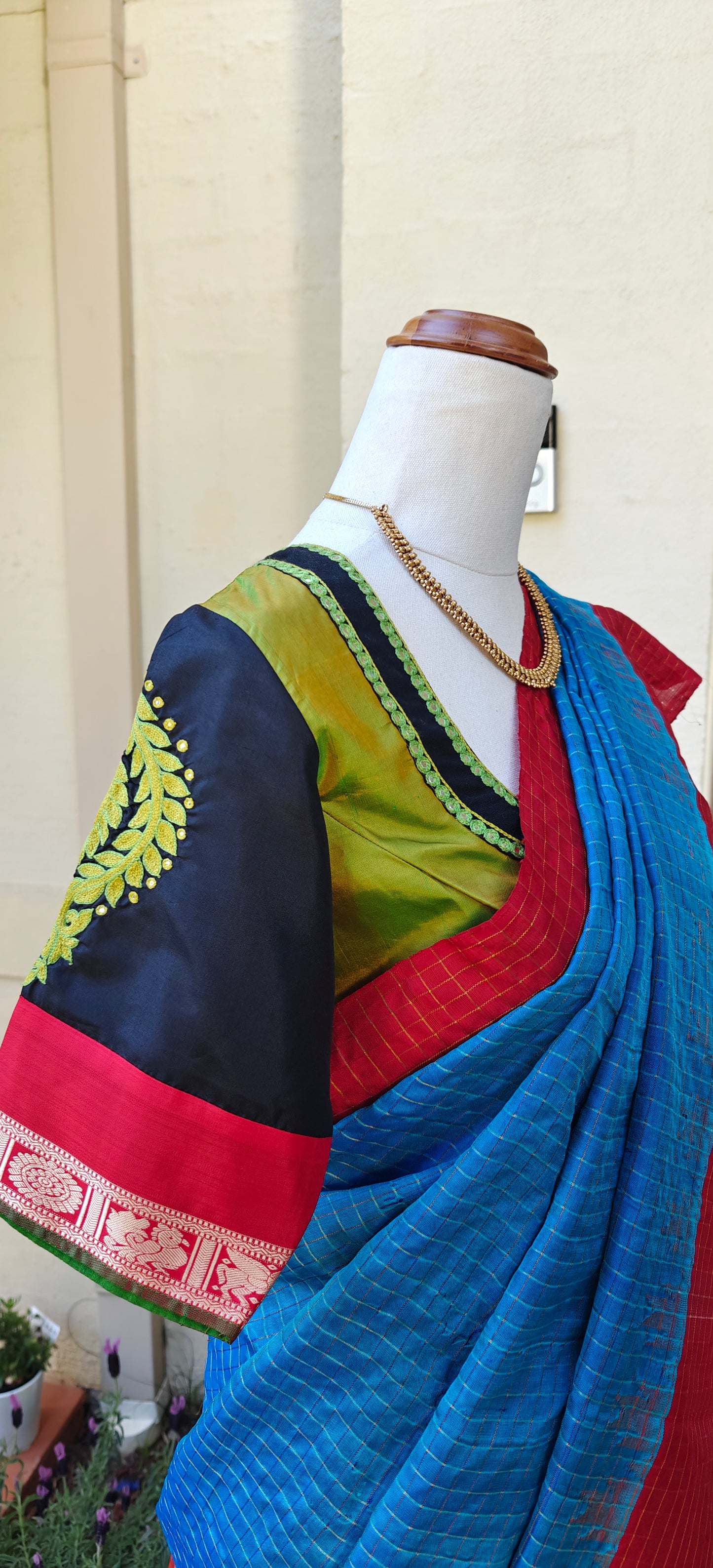 Blue and Red zari checks Gadwal Silk Saree