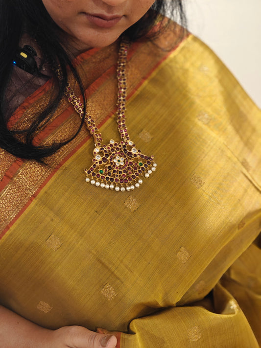 Mehandi Green and Coral Orange kanjivaram silk saree