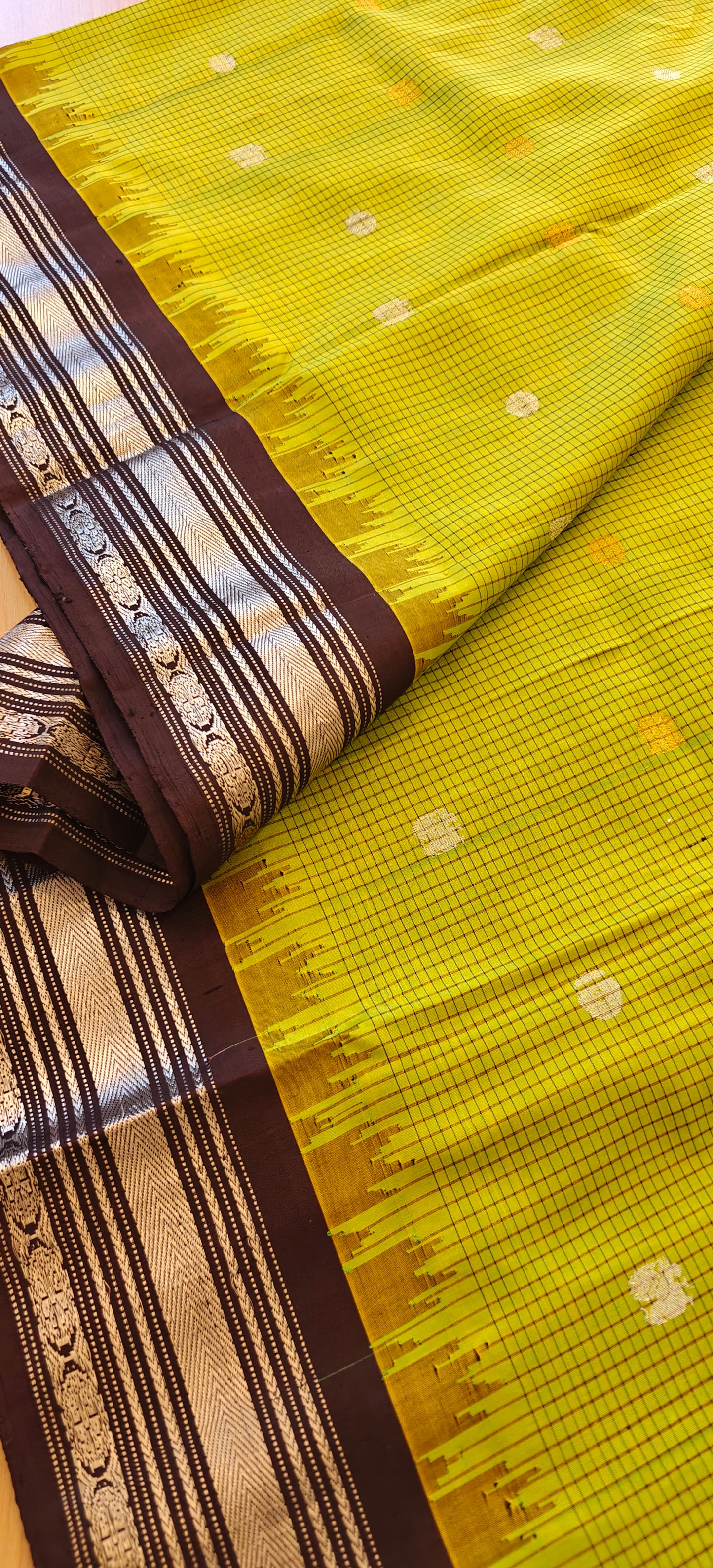 Parrot Green and Coffee Brown-Handwoven Gadwal Silk Sari