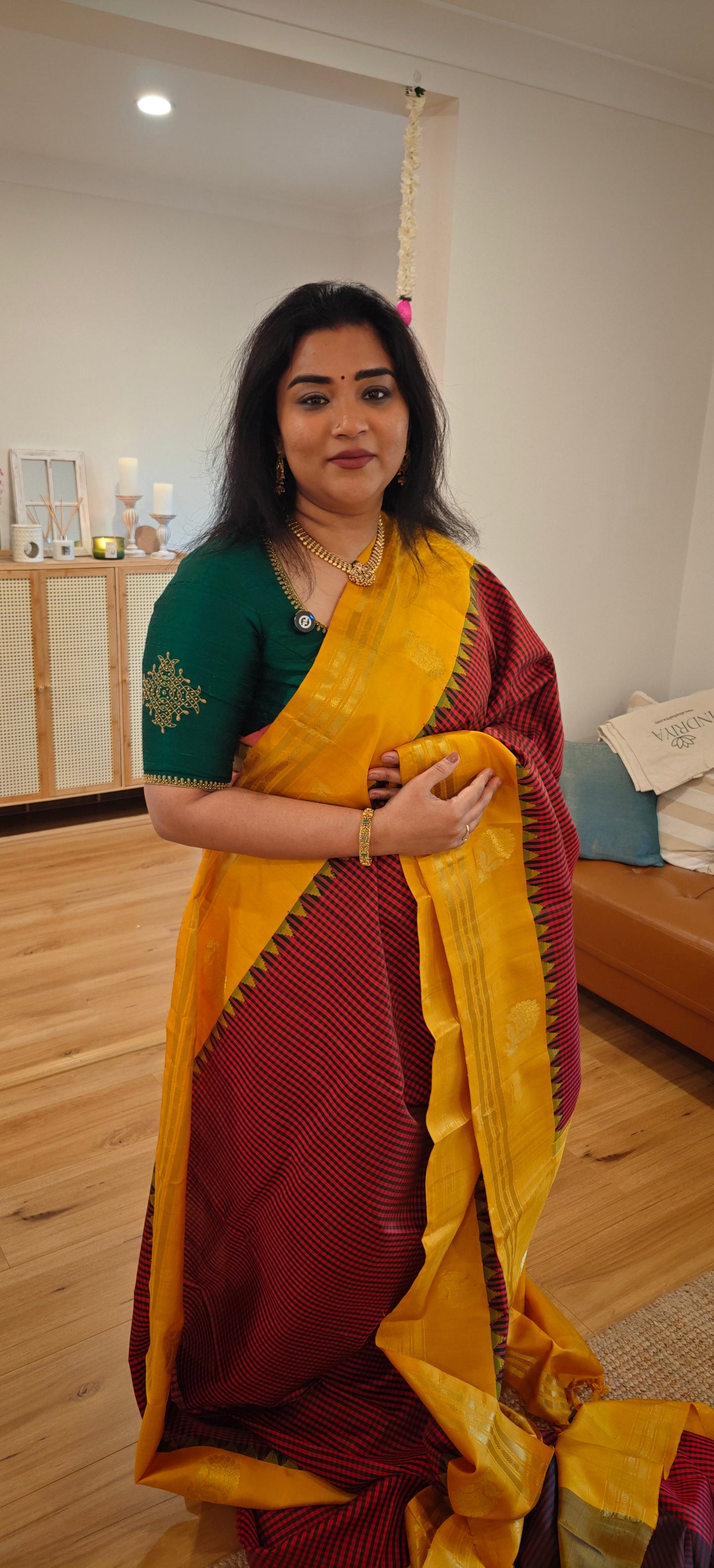 Red and Green with yellow Handwoven Gadwal Silk Sari