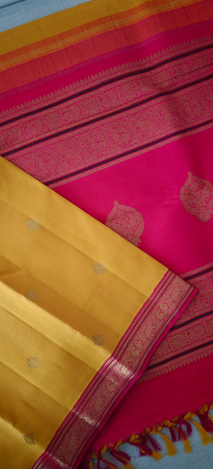 Yellow and Pink Small Border Kanjivaram silk saree